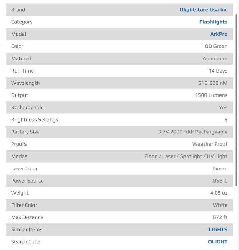 Olight ARKPROCL3RODG ArkPro OD Green Aluminum Green Laser/White Light 1500 Lumens, 672 ft Beam Distance