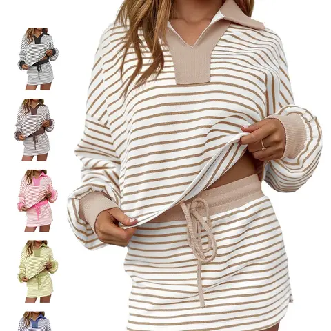 Fisoew Women's 2-Piece Striped Set - Long Sleeve V-Neck Elastic Sweatshirt & High Waist Skirt with Built-in Shorts, Soft Breathable Fabric, Sporty Style Clothes, Yoga Clothes Set, Workout Daily Wear, Casual Outfits for Sports & Leisure