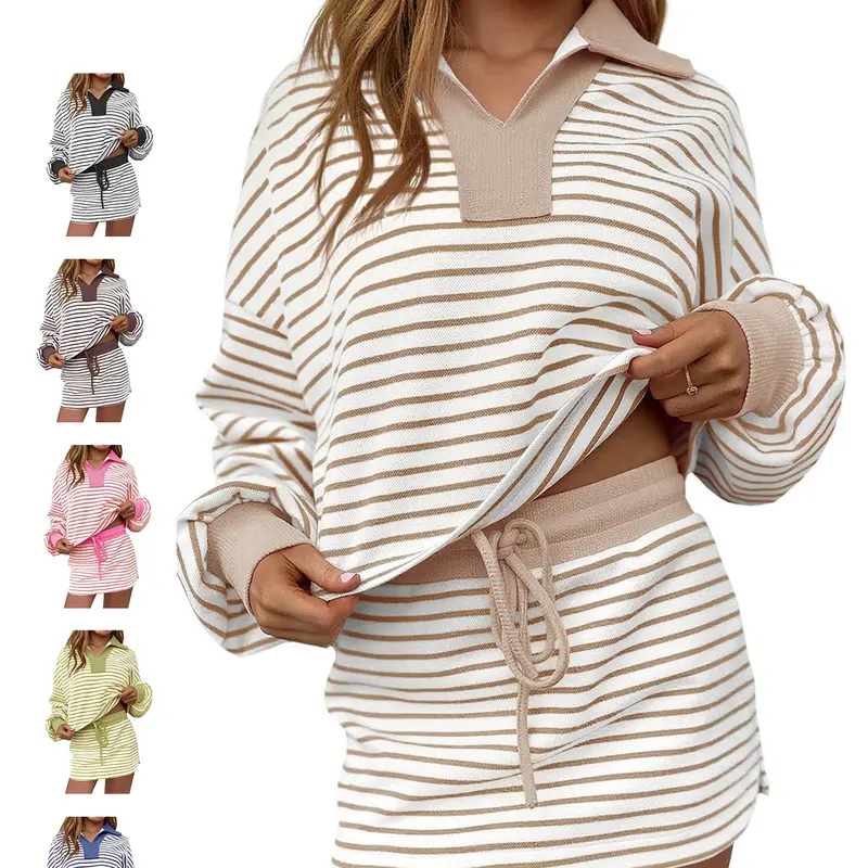 Fisoew Women's 2-Piece Striped Set - Long Sleeve V-Neck Elastic Sweatshirt & High Waist Skirt with Built-in Shorts, Soft Breathable Fabric, Sporty Style Clothes, Yoga Clothes Set, Workout Daily Wear, Casual Outfits for Sports & Leisure
