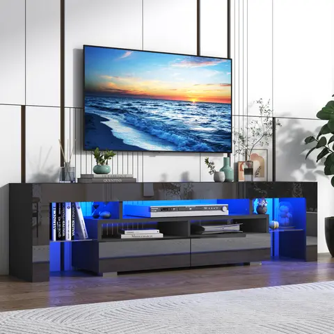 70in LED TV Stand for 75/80 inch TV, High Glossy Modern Entertainment Center with Drawer and Open Shelf, Television Table Center Media Console for Living Room, White/Black/Marble Black