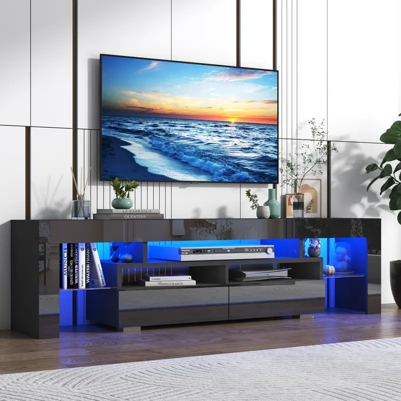 70in LED TV Stand for 75/80 inch TV, High Glossy Modern Entertainment Center with Drawer and Open Shelf, Television Table Center Media Console for Living Room, White/Black/Marble Black