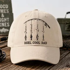 (Custom in Description) Personalized Embroidered Reel Cool Dad Fishing Hat, Custom Dad Cap with K i d s Names, Father’s Day Gift for Dad Grandpa Papa, Fisherman Baseball Cap for Men
