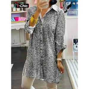 Women's High Waist Casual Loose Long Sleeve Leopard Print Shirt Dress, Comfy Dress for Daily Commute & Lifestyle, Stylish Animal Pattern Fashion