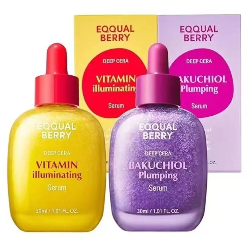 EQUAL BERRY Deep Cera Dual Serum Set, Vitaminllluminating Brightening Serum & Bakuchiol Plumping Anti-Aging Serum, Shimmer Glow Facial Treatment For Dark Spots Fine Lines, 30ml Each