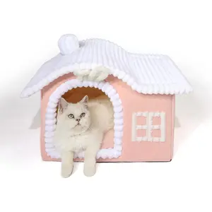 Houses for Indoor Cats, Chimney Cute  Bed Cave, Enough Interior Space, Cartoon Soft Pet House Up to 3-7 lbs Kitten, Pink