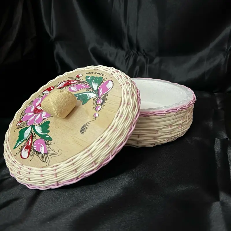 Handcrafted Mexican Woven Basket with Floral Design and Lid