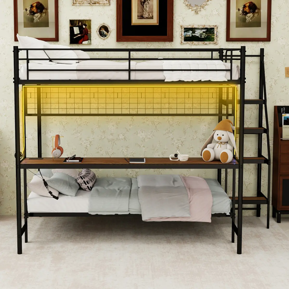 [Bellemave] Full Over Twin Metal Bunk Bed| Built-In Desk and LED Lighting| Safety Guardrail & Stairs| Sturdy Frame| Space-Saving Loft Design for Teens| Easy Assembly
