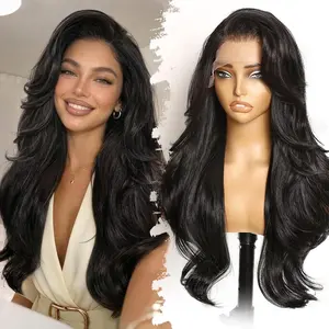 [AISI HAIR] 13x4 HD Lace Front Glueless Wigs for Women Black Long Layered Wave Wig Natural Hairline Heat Resistant Synthetic for Daily Use Beginner Friendly 26 Inch