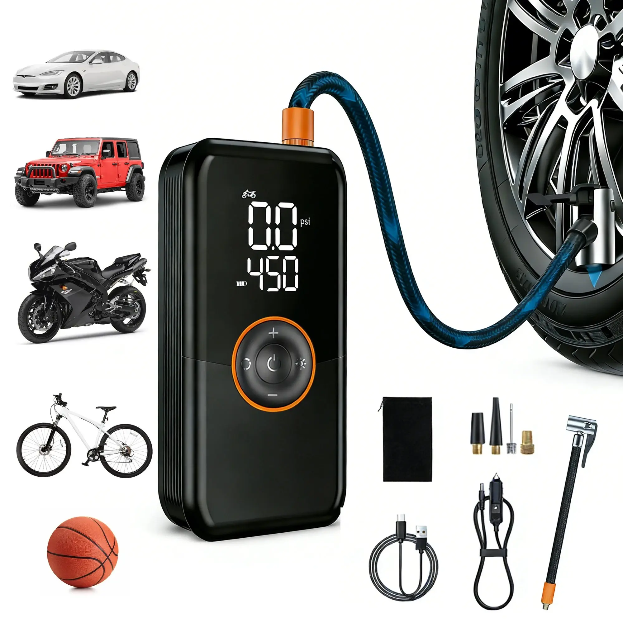 Portable Tire Inflator Air Compressor, 150 PSI Cordless 6000mAh Dual Power, 24L/Min Fast Inflation with Auto Shut-Off, LED Light, 4 Presets for Car/Bike/Motorcycle/Balls (12V DC Car Plug Included)