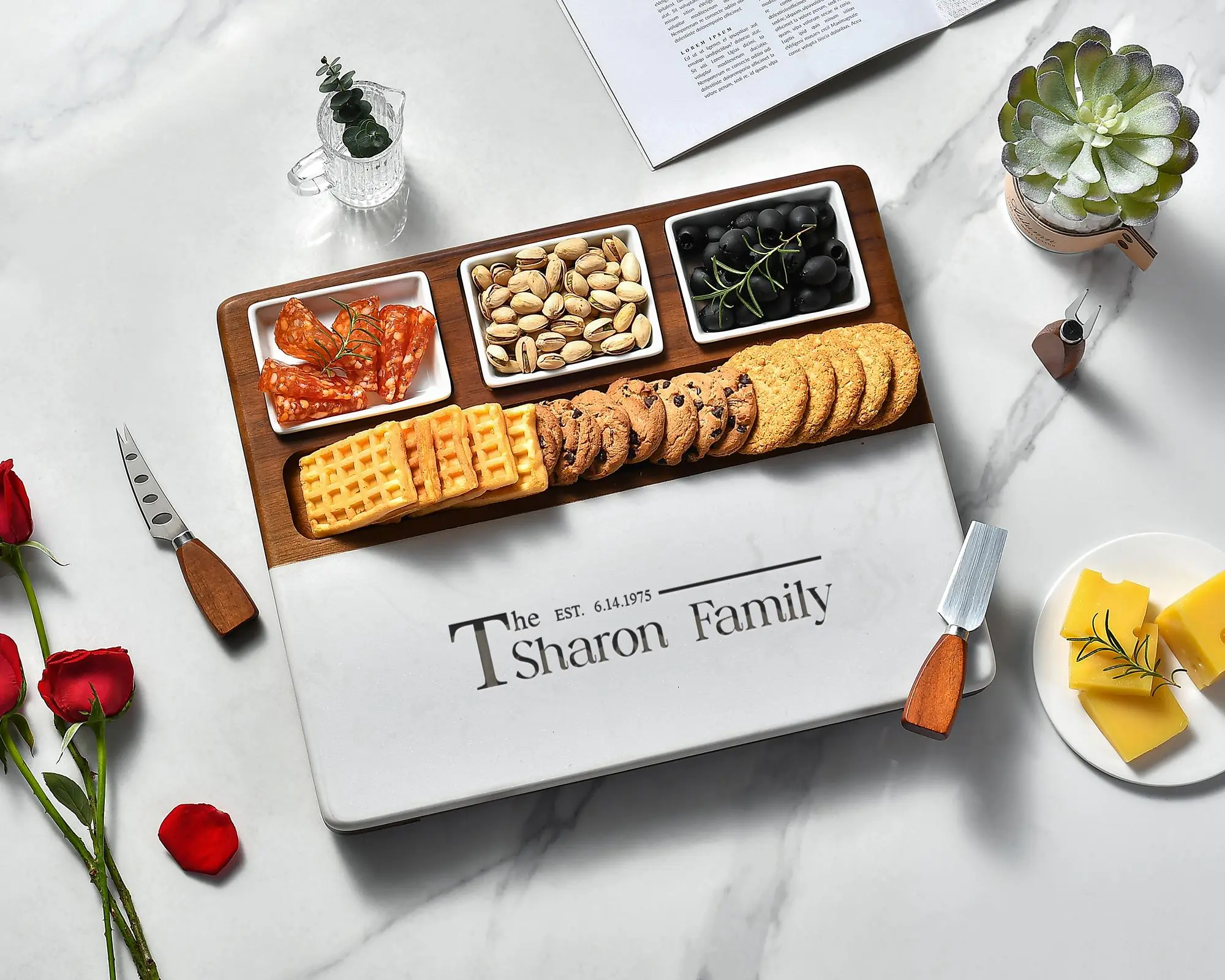 Wood and Marble Charcuterie Board Personalized Gift, Cheese Cutting Board Last Name, Closing Gift from Realtor, Housewarming Gift First Home