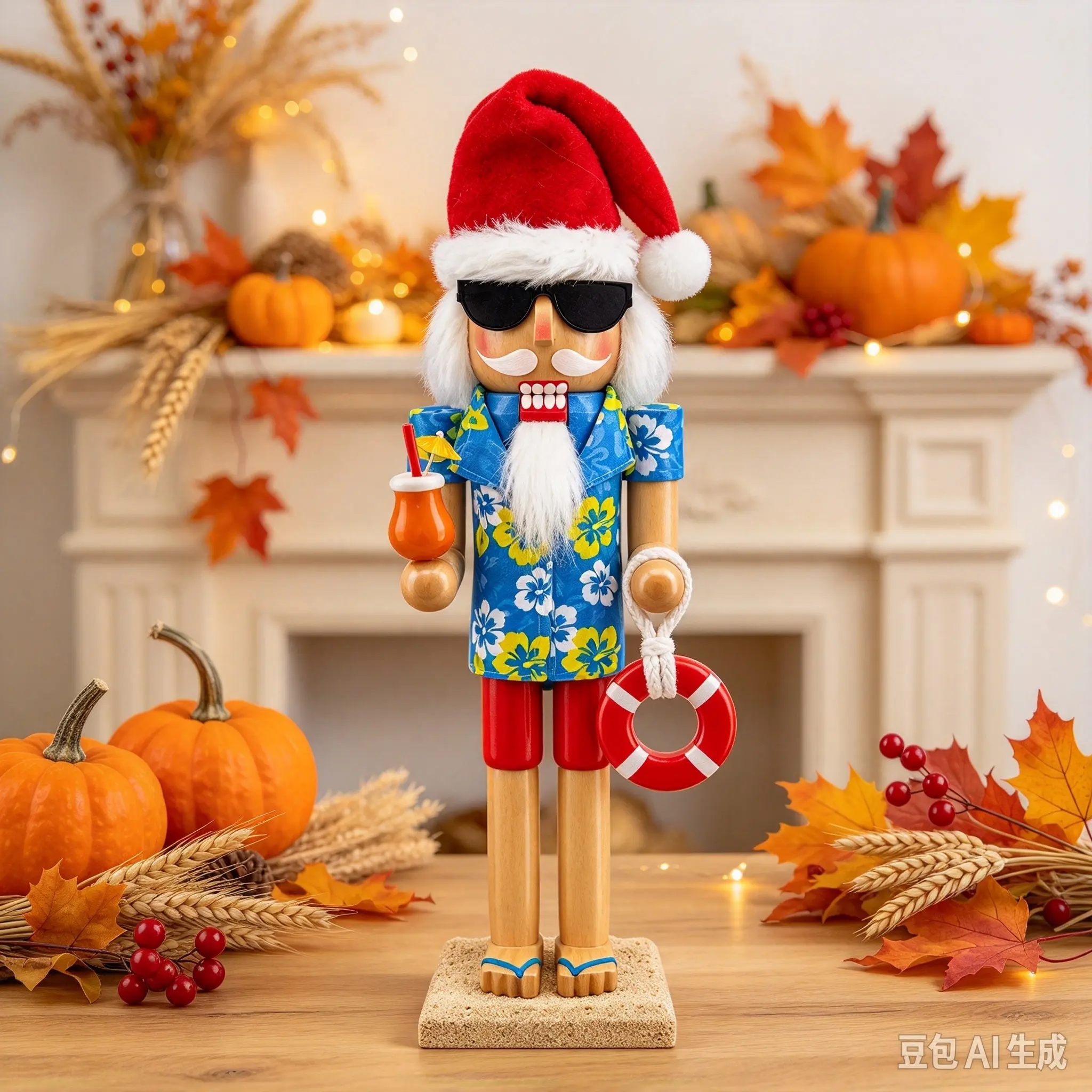 Wooden Nutcracker Decor for Fall Thanksgiving, Large Nutcracker Soldier Figure with Tropical Christmas & Harvest Details, Festive Collectible Decor for Home, Table, Mantle, Shelf and Holiday Display**