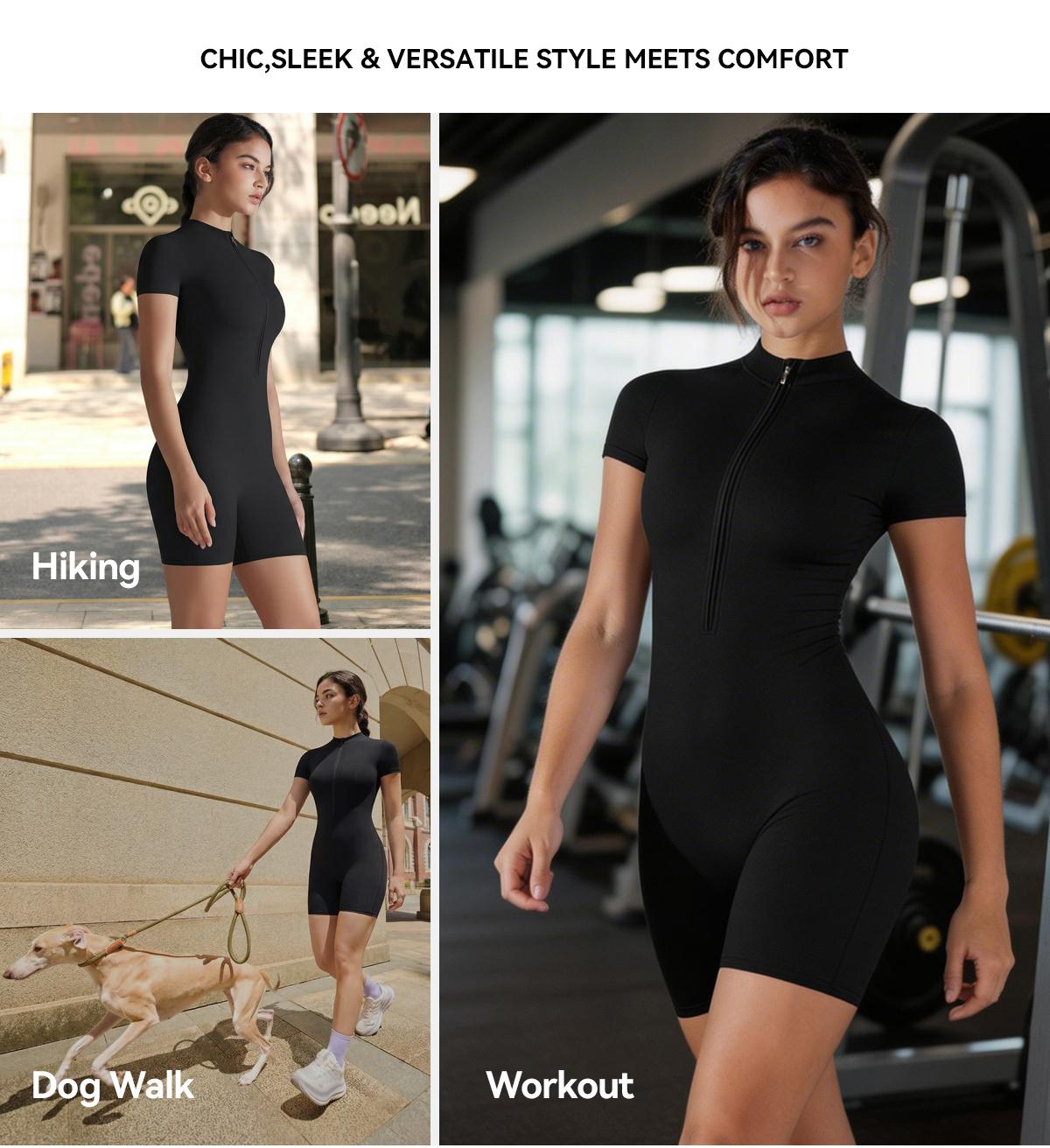 Women's Tight Zipper Short-Sleeved Shorts Yoga Jumpsuit, Soft Stretch Moisture-Wicking Quick-Drying Breathable Activewear Clothing, Athletic Training Apparel for Yoga Pilates, Gym Clothes Women