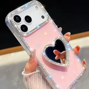 Glitter Shockproof Love Mirror Holder Phone Case For iPhone 17 Air 16 15 14 13 Pro Max 16 Plus 16E Shockproof Protective Cover