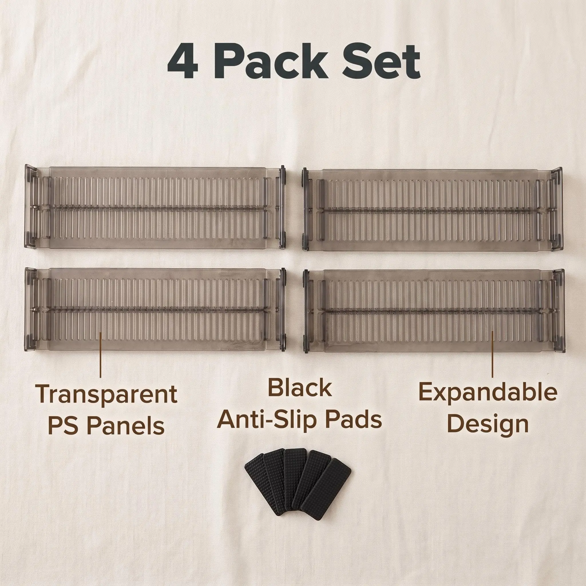 Adjustable Drawer Dividers 4 Pack, Expandable Drawer Organizer Separators for Kitchen, Dresser, Closet, Bathroom and Office Storage