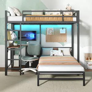 Twin over Twin Bunk Bed with Folding Table, 3 storage drawers, made of metal, suitable for a single bed, equipped with LED lights and charging stations, bunk bed with safety railings and ladder, space-saving, black.