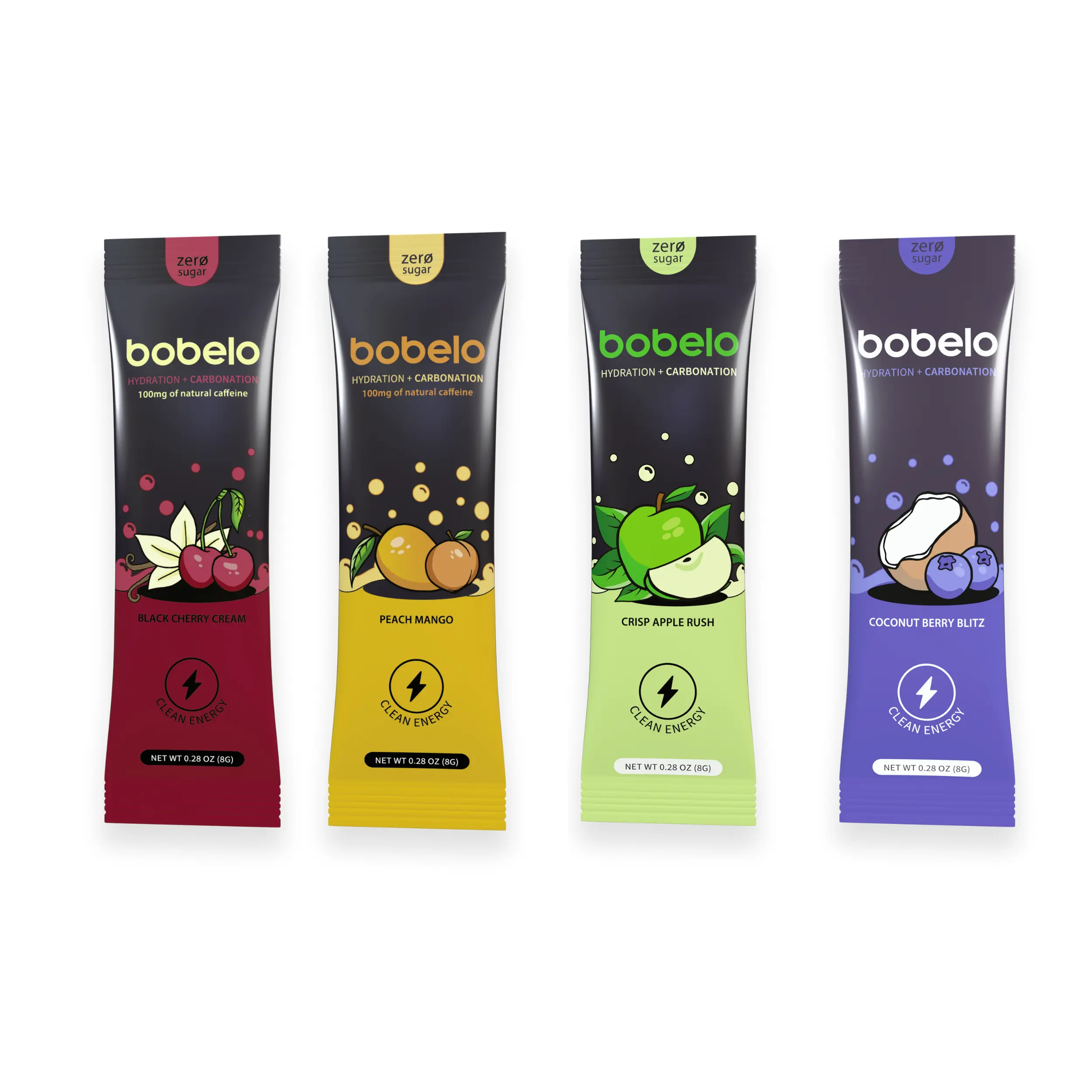Bobelo Clean Energy Sampler – Zero Sugar Fizz + Electrolytes | Hydration Powder Drink Mix, 4 Packets Natural Flavors