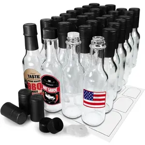5oz Empty Clear Glass Woozy Hot Sauce Bottles with Shrink Capsules, Small Bottles with Shrink Bands, Canning Cap Orifice Reducer Free Self-Printable Labels Design Template 30 Black