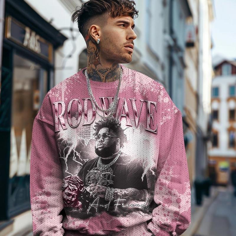 12 Pearl Pink Outfits, Pearl Pink 12s Ugly Sweater Rod Wave Rapper 90s Unisex T-Shirts To Match Sneakers Streetwear Fabric Menswear