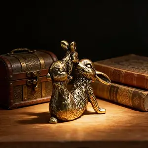 Vintage Brass Mother Rabbit Ornament, Cute Baby Rabbit Interacting, Fine Texture, Retro Style, Tea Table Decor, Home Office Desk Decoration