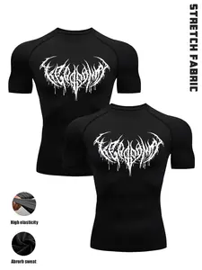 2-Pack Men’s Quick Dry Compression T-Shirts, High Stretch Breathable Athletic Base Layer Shirts with Cool Graphic Print, Performance Workout Tees for Gym, Running, Outdoor Training, Fitness, Sports & Daily Wear, Men’s Activewear, Compression Tops