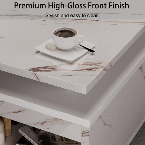 47" Modern Coffee Table with 24-Color LED with Wireless Charging, Bluetooth Speaker, and USB Ports, High Glossy Marble Coffee Table with Large Open 2-Tier Storage and Shelves for Living Room - White
