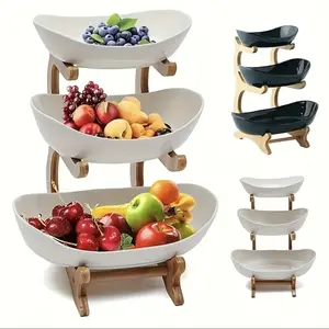 3-Tier Oval Fruit Basket with Bamboo Stand - Durable Polypropylene Kitchen Storage Rack, Natural Bamboo Finish, Refrigerator Ice Tray Replacement, Modern Elegant Design for Showers, Fruit Basket for Kitchen, Party Serving Tray, Stylish Storage Solution