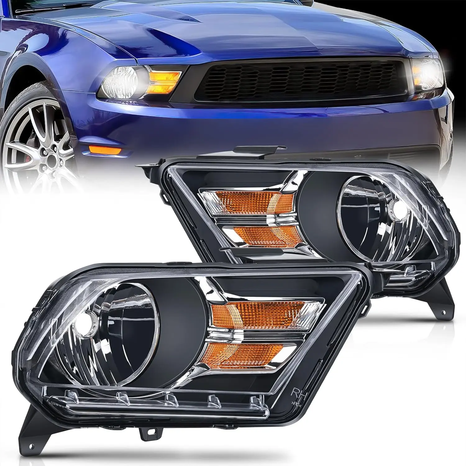 Nilight H13 Car Headlight Assembly for 2010-2014 Ford Mustang, Easy-Install Adjustable Brightening Replacement Headlamp, IP65 Rated, Black Housing Amber Reflector, Temperature-Resilient Driver & Passenger Side, Night Safety, Oe Fitment