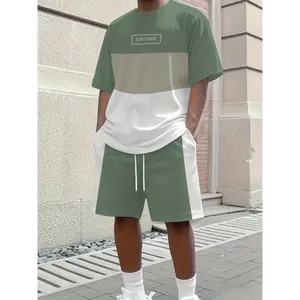 Fashion men's wear： [Fresh Summer Set] 2pcs 3D Letter Print Men's Summer T-Shirt & Shorts Set, 1 Set, Polyester Knit, Lightweight, Tri-Color, Fashionable, Slightly Stretchy, for Casual Days, Outdoor, Family Gatherings