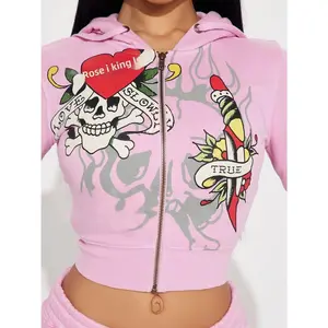 Streetwear fashion set, long-sleeve sport pattern set paired with pants, zip-up short top and pants two-piece set 2026