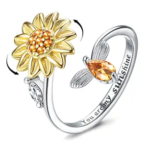 Fidget Spinner Fidget Sunflower Ring with "You're my sunshine" Butterfly Bee Star Moon Relief Spinning Rings for Adults & Children