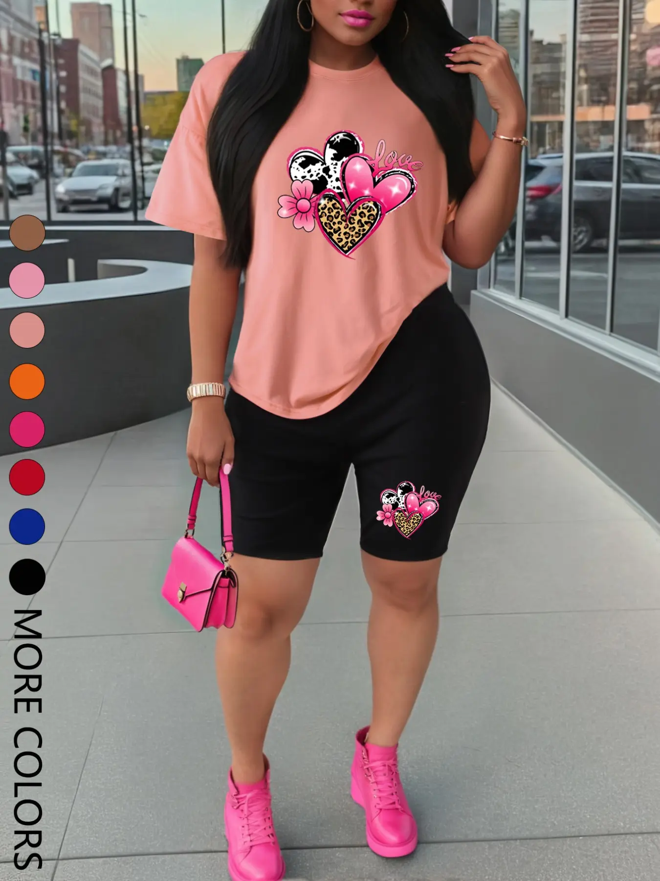 Summer New Short Sleeve Shorts Set, Sporty Heart Print, Heart Print Sportswear, Comfortable Casual, Women's Two-Piece Outdoor Sports Wear, Athleisure Wear Sets, Casual Sporty Design