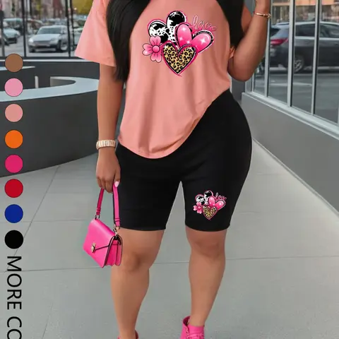 Summer Women's Short-Sleeve Top and Shorts Set, Heart Print Sportswear, Comfortable Casual Athleisure Wear, Two-Piece Outdoor Sports Outfit, Athleisure Clothes Set