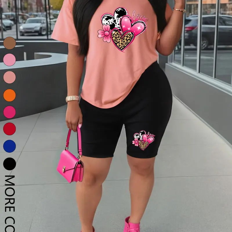 Summer Women's Short-Sleeve Top and Shorts Set, Heart Print Sportswear, Comfortable Casual Athleisure Wear, Two-Piece Outdoor Sports Outfit, Athleisure Clothes Set