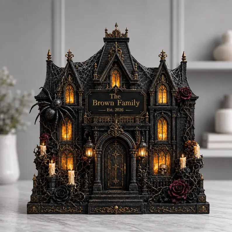 Personalized Haunted House Wooden Sign - Custom Gothic Home Decor Plaque, Vintage Halloween Shelf/Study Display, Family Name Keepsake, Anniversary/Housewarming Collectible Gift