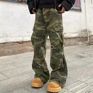 Men's Spring and Autumn Camouflage Cargo Pants Trendy Loose Casual Wide-leg Sports High Street Straight Pleated Denim Trousers Jeans Menswear