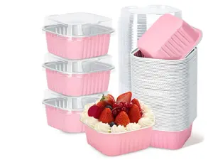 30Pack 5oz Pink Mini Cake Pans with Lids Baking Cups Aluminum Foil Pans Tins, Individual Dessert Cups Containers for Sales,Party,Picnics