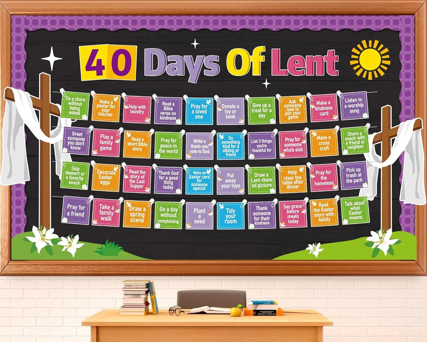 Easter Bulletin Board Decorations, 40 Days of Lent Chart, 12 Pcs Jesus Cross Cutouts, 40 Pcs Cutouts, 11 Bulletin Board Borders, 7 Sheets Adhesive Dots for Catholic Sunday School Office Wall Door Decor, Teaching Supplies, Classroom Supplies Charts, Religi