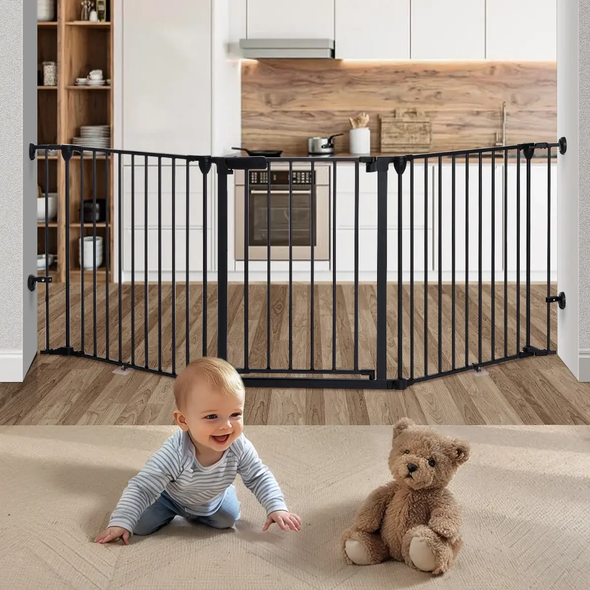 Baby Gate Baby Safety Gate 3Panels 80" Extra Wide Iron Gates for Doorway Kitchen Playard 0-3 years old, Black