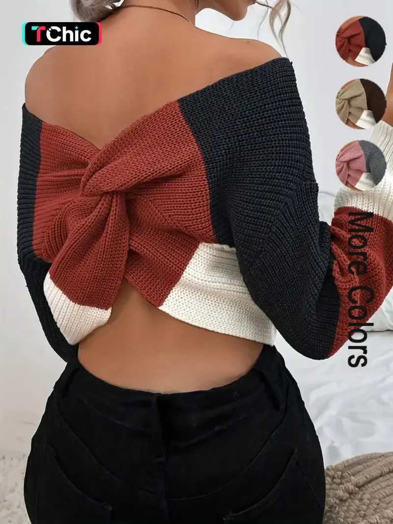 Elegant Off-Shoulder Colorblock Knit Sweater Top, Casual V Neck Twist Design, Spring & Fall Fashion, Fitted Medium Fabric, Knitwear