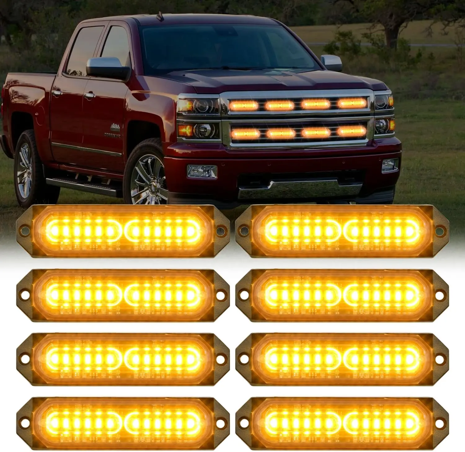 Nilight 8PCS 12LED Amber Strobe Light Kit with Strobe Light Module, 12V-24V Ultra Slim Surface Mount Sync-Feature Mini Grille Flasher for Cars, Off Road Vehicles, Led Work Light