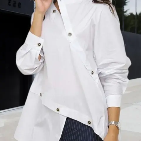 Women's Plain Asymmetrical Button Front Shirt, Casual Fitted Long Sleeve Top for Daily Wear, Ladies Clothes for All Seasons, Blouse, Casual Blouses, Casual Comfy Shirt, Casual Blouse Shirts, Womenswear