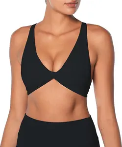 Sunzel women’s V-neck twist sports bra, low impact, removable pads, cross back straps, backless design; padded bralette for going out and casual wear