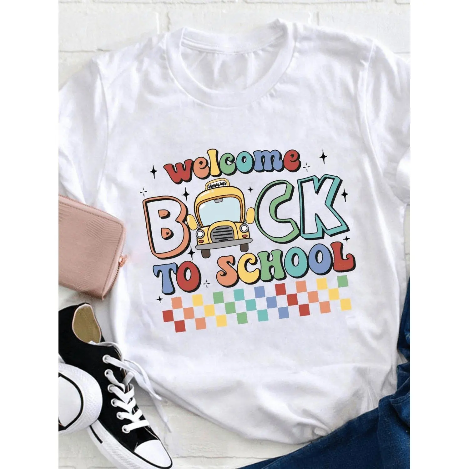 Retro Bus & Letter Graphic Loose Fit Short Sleeve Round Neck Tee with Bus Machine Washable Suitable for Back to First Day Outfits Spring Summer Fall Casual Bus Shirt Top Tee Shirt Apparel Shirt Top
