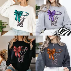 Coquette Basketball Sweatshirt with Bow Design, Cute Basketball Mom Crewneck for Women, Game Day Sports Pullover, Cozy Vintage-Style Top for Basketball Lovers, Perfect Sport Mom Gift for Any Season - ShamCren