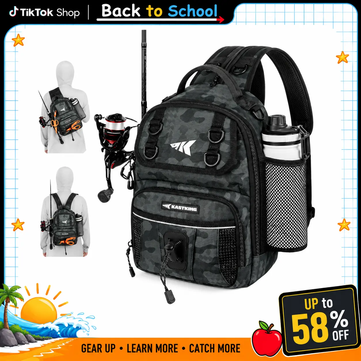 [Back to School Gift] KastKing BaitSpace Fishing Sling Bag, Water-resistant Fishing Backpack with Rod & Beverage Holder, Adjustable Straps, Tackle Storage Bag for Fishing Gear and Equipment SummerVibes