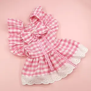 Cute Fashion Print Pet Dress with Bow, Plaid Pet Costume, Elastic Mesh Princess Dress, Puppy Cat, Complete Set, Clothing