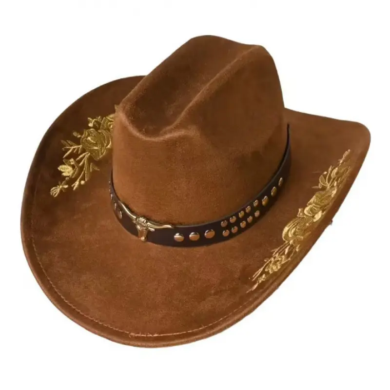 Vintage Suede Cowboy Hat with Bull Head Embroidery, Stylish Western Wide Brim Adjustable Hat for Unisex Outdoor Wear (56-58cm), Stylish Hat