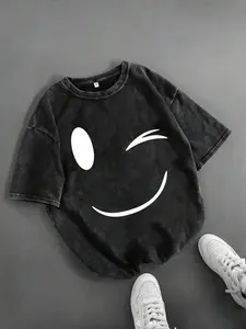 Face Printed T-Shirt for Summer, Women's Fun Short Sleeved Top, Loose-Fitting Casual Wear, Big Snowflake Washed Fashion