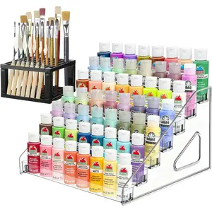 Clear Paint Organizer With Brush Holder, 7 Layers Acrylic Paint Organizer Storage Rack, Craft Rack Miniature Holder Storage For Small Tubes And Jars
