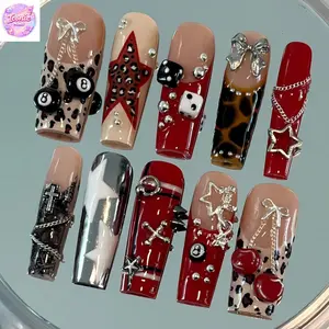 Red Dice Leopard Star Y2K Press On Nails, handmade 3D gel with bow chain charm, edgy cute aesthetic, reusable custom size nails for party look